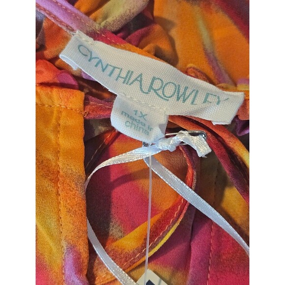 Cynthia Rowley Size 1X Floral Orange Red Top Blouse Lightweight Ruffle Tie Short - Picture 6 of 8